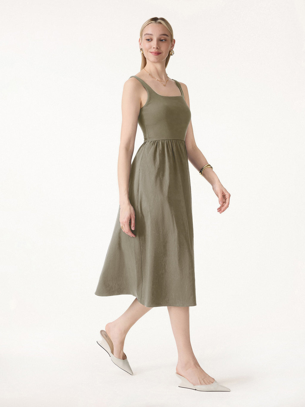 Cotton-Linen Blend Square Neck Fit-and-Flare Midi Bra Dress