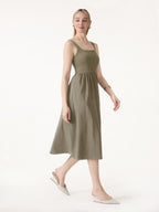 Cotton-Linen Blend Square Neck Fit-and-Flare Midi Bra Dress