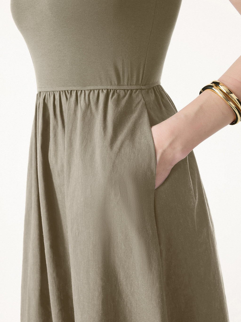 Cotton-Linen Blend Square Neck Fit-and-Flare Midi Bra Dress
