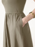 Cotton-Linen Blend Square Neck Fit-and-Flare Midi Bra Dress