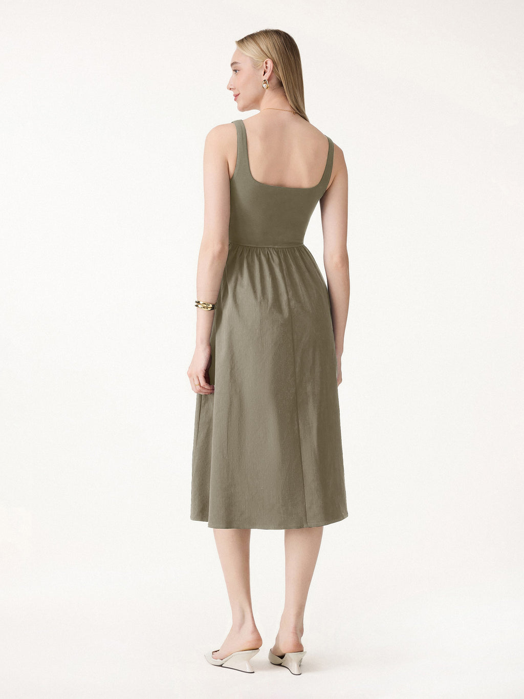Cotton-Linen Blend Square Neck Fit-and-Flare Midi Bra Dress