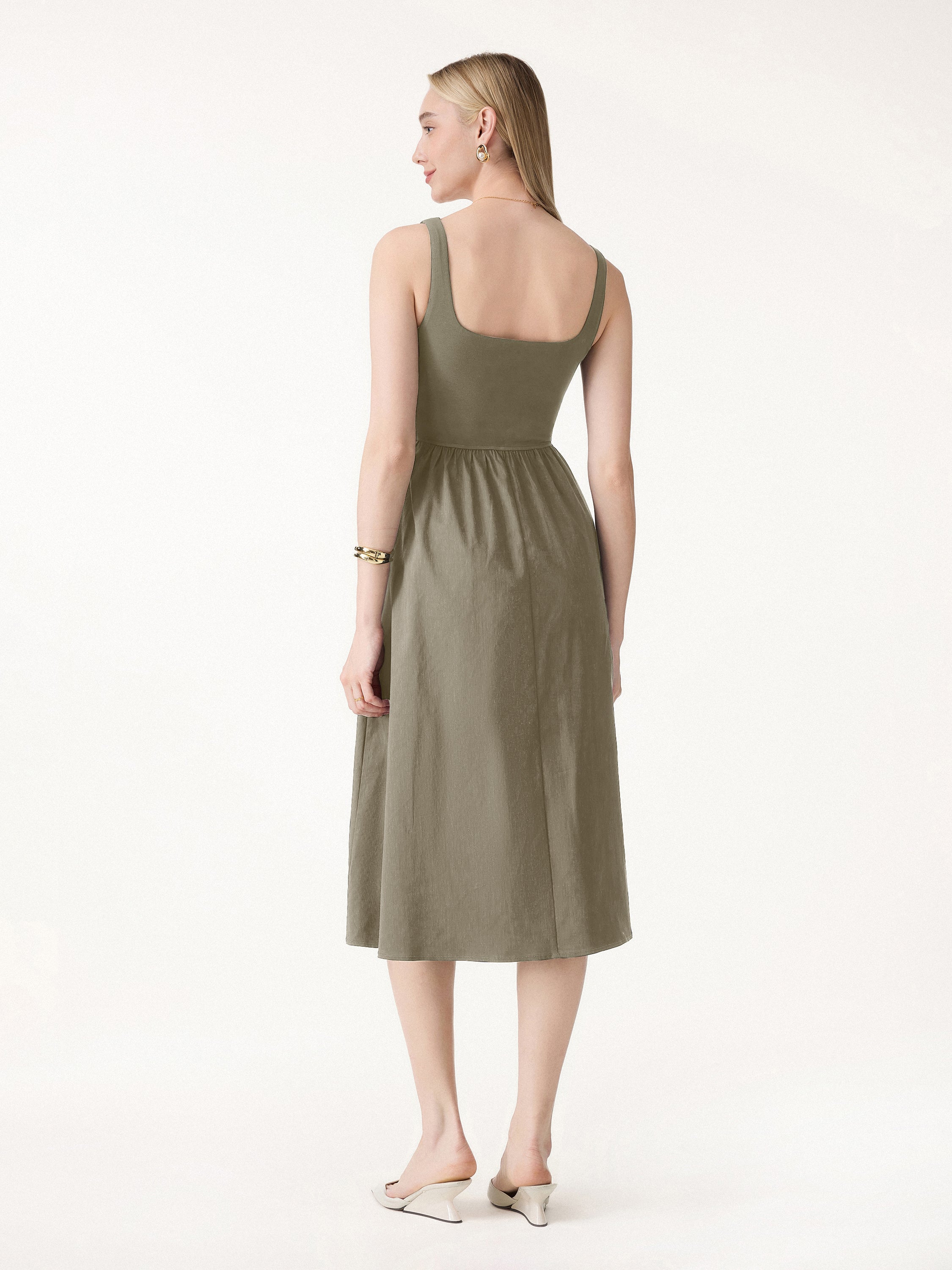 Cotton-Linen Blend Square Neck Fit-and-Flare Midi Bra Dress