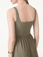 Cotton-Linen Blend Square Neck Fit-and-Flare Midi Bra Dress