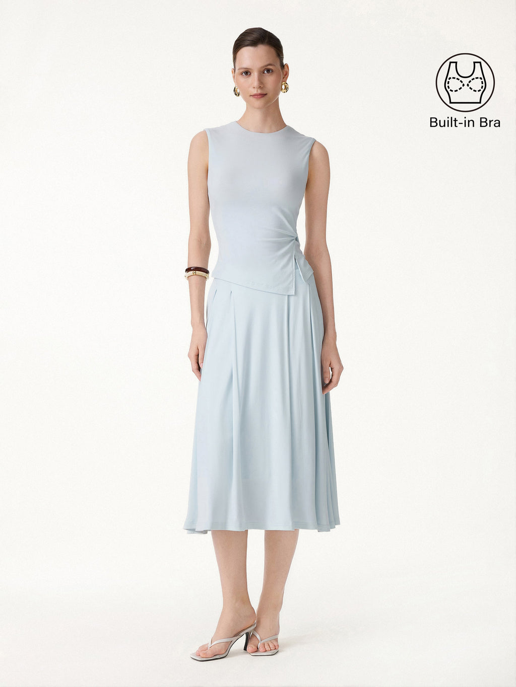 2Pcs Set Round Neck Twisted Bra Tank with Slit& Midi Skirt with Pockets