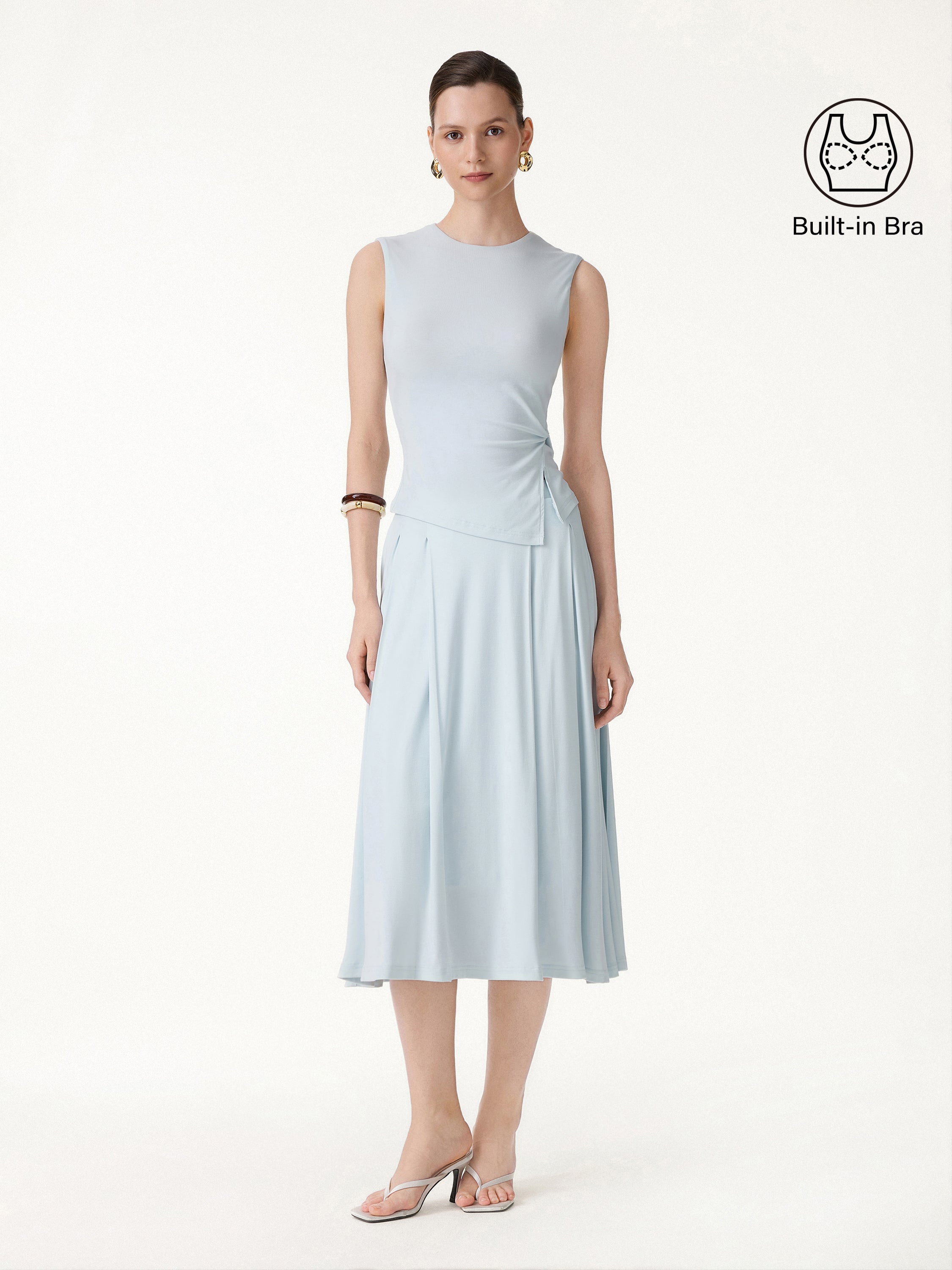 2Pcs Set Round Neck Twisted Bra Tank with Slit& Midi Skirt with Pockets
