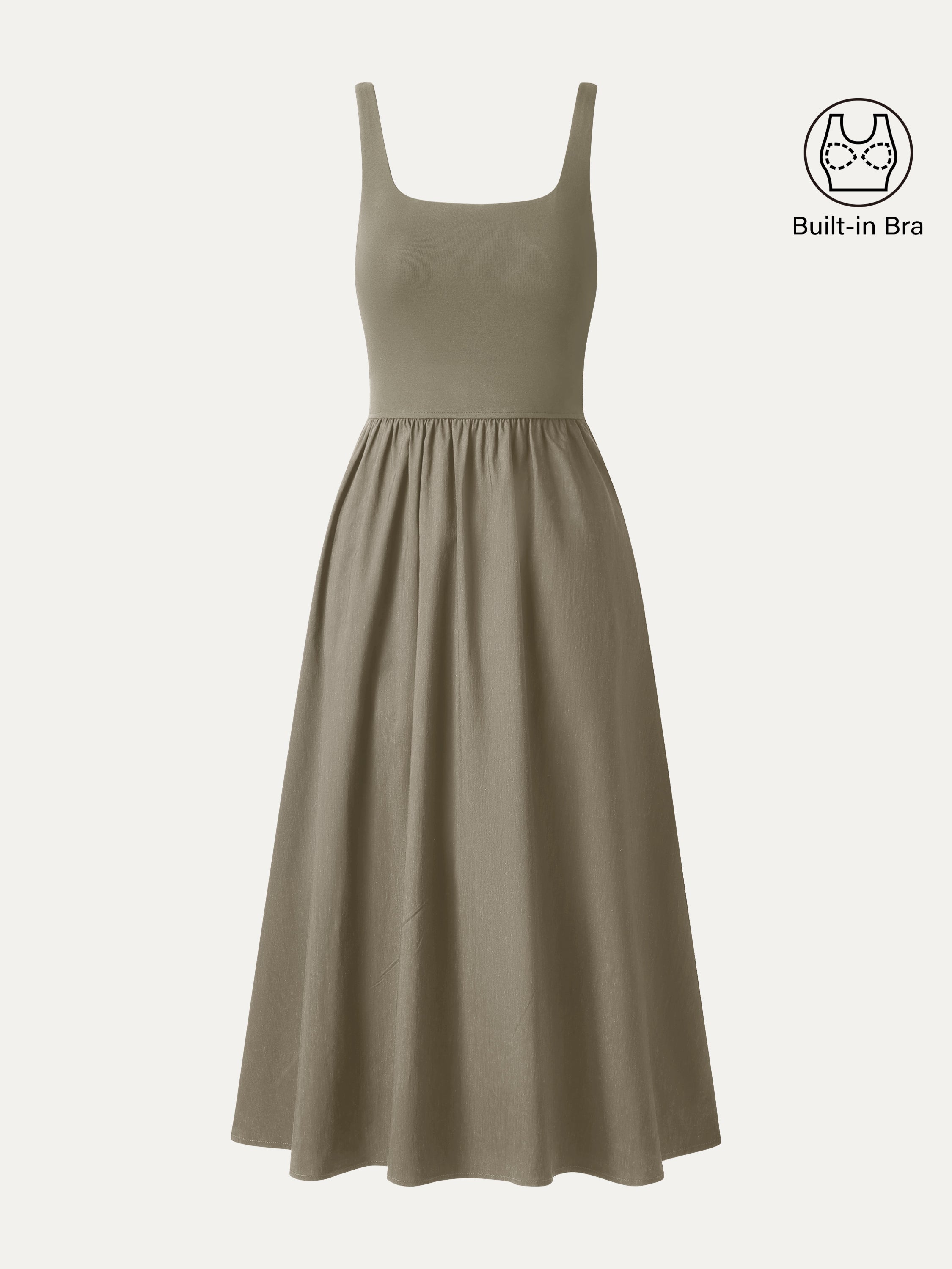 Cotton-Linen Blend Square Neck Fit-and-Flare Midi Bra Dress