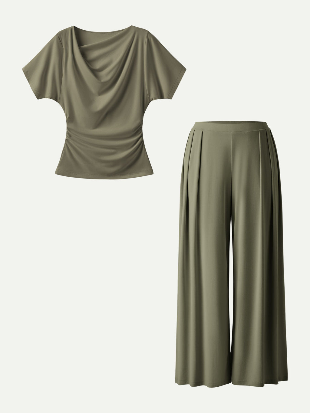 2Pcs Set Cowl Neck Ruched Top & Wide Leg Palazzo Pant with Pockets