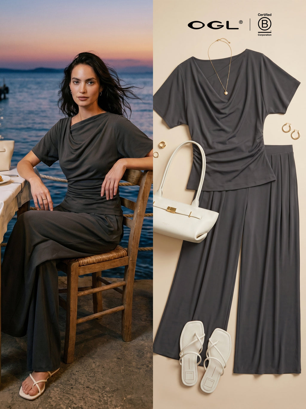 2Pcs Set Cowl Neck Ruched Top & Wide Leg Palazzo Pant with Pockets