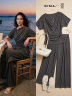 2Pcs Set Cowl Neck Ruched Top & Wide Leg Palazzo Pant with Pockets