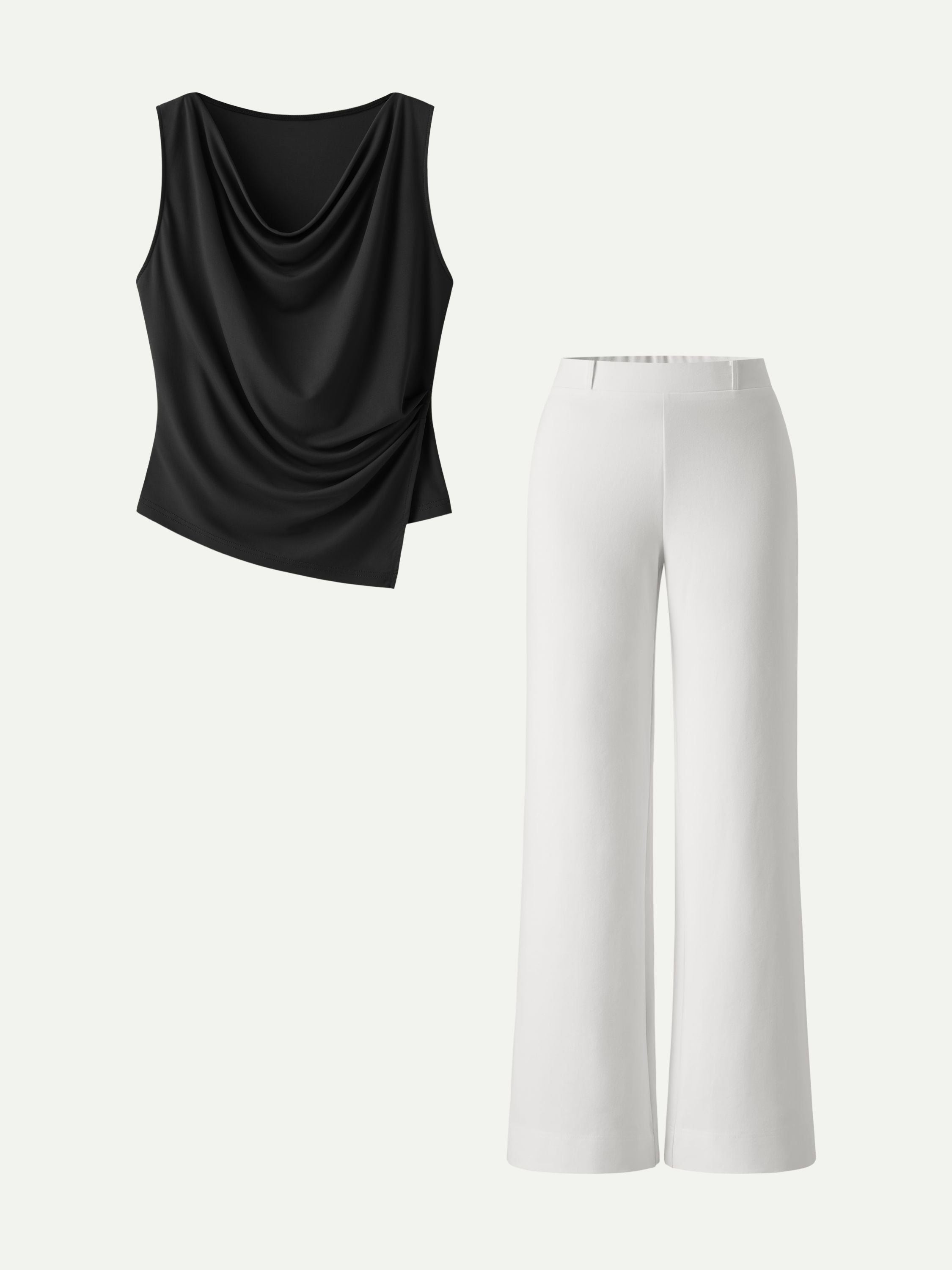2Pcs Set Cowl Asymmetrical Tucked Top & Wide Leg Pant with Pockets