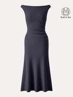Elegant Boatneck Tucked Fit-and-Flare Midi Bra Dress