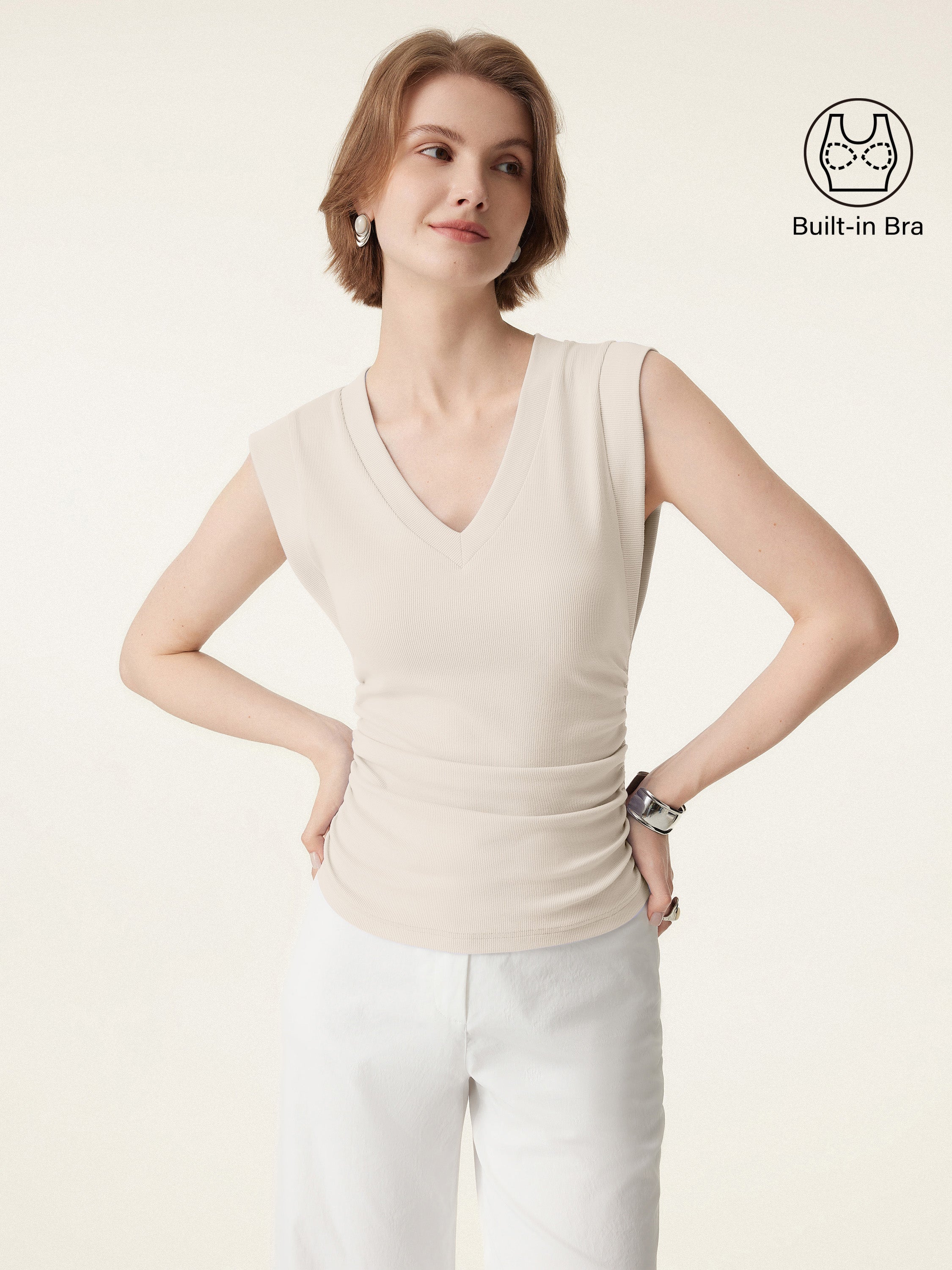 2Pcs Set V-neck Bra Top & Mid Rise Straight Pant with Pockets