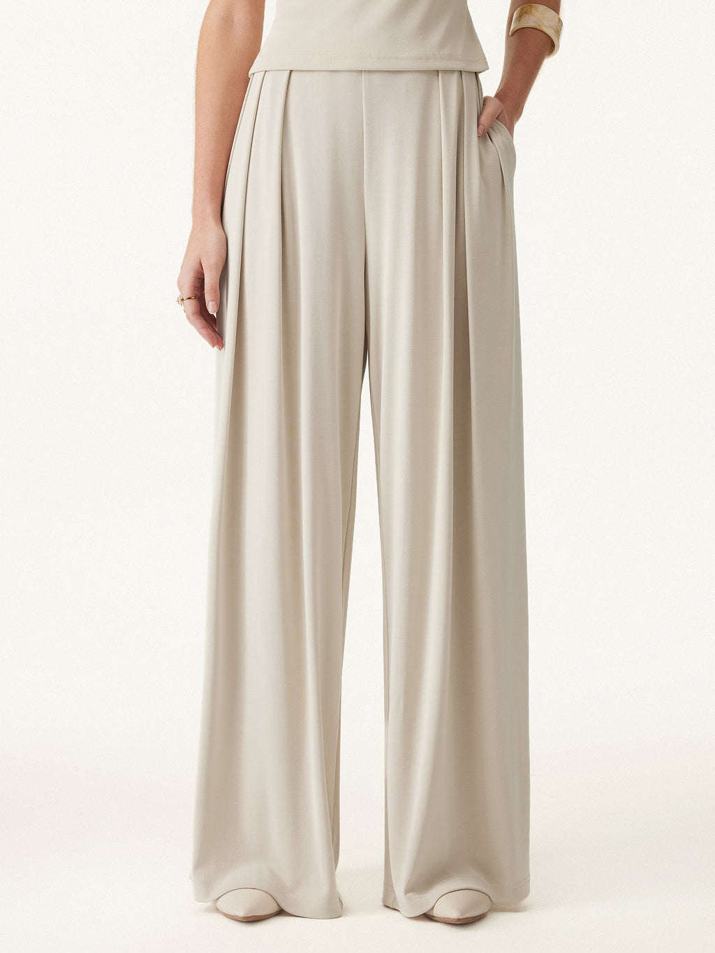 2Pcs Set Petite Wide Leg Palazzo Pant with Pockets & Ruched Bra Tank