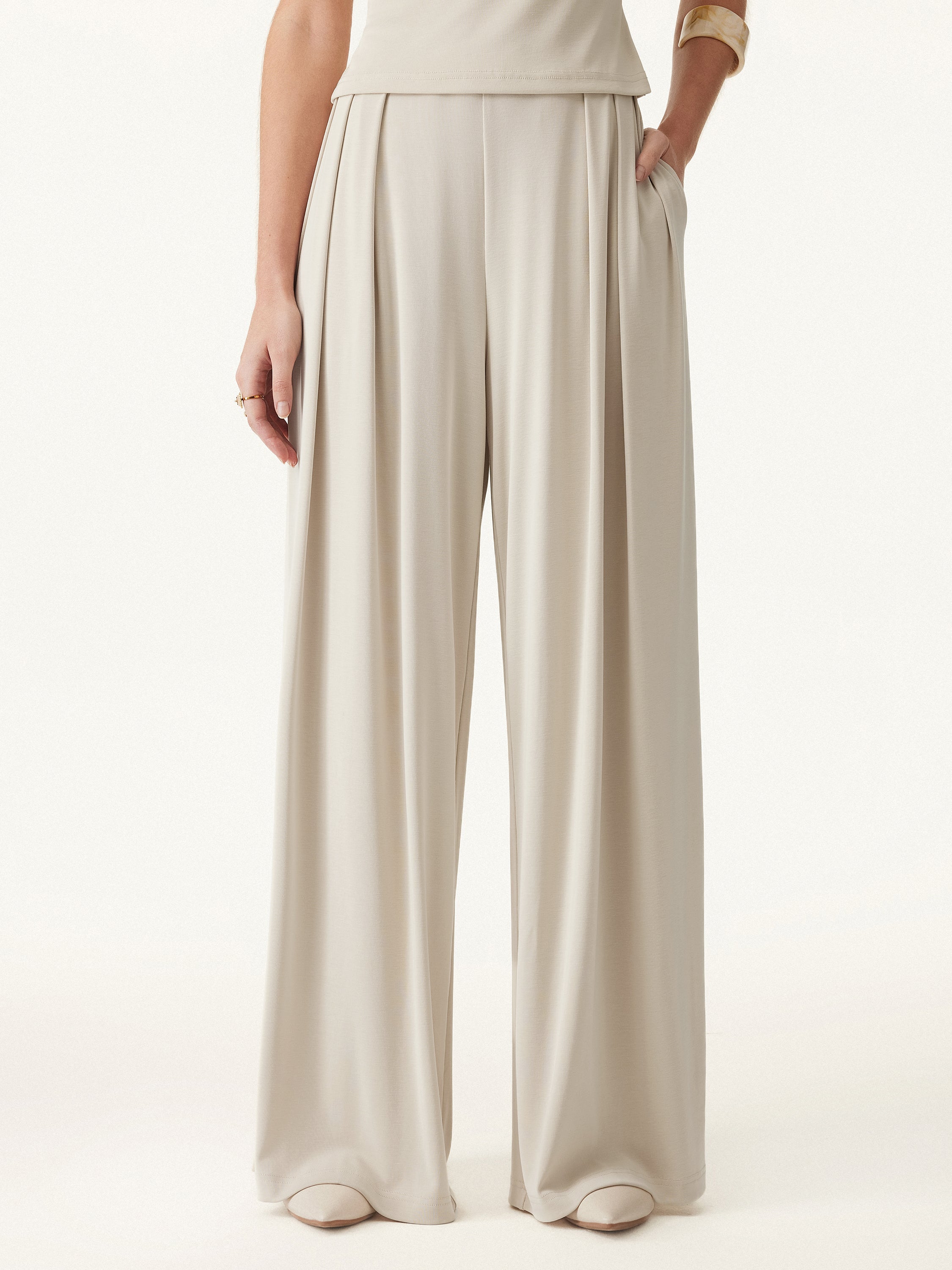 2Pcs Set Petite Wide Leg Palazzo Pant with Pockets & Ruched Bra Tank