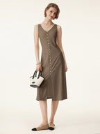 2Pcs Set V-neck Button Front Midi Vest Dress & Mid Rise Straight Leg Pant