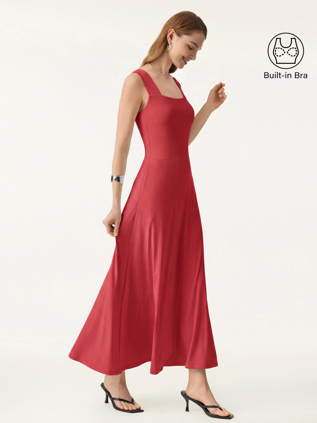 Flowy Square Neck Wide Straps Midi Bra Dress with Pockets
