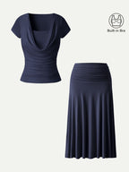 2Pcs Set Cowl Neck Ruched Bra Top & Side Ruched A-line Midi Skirt