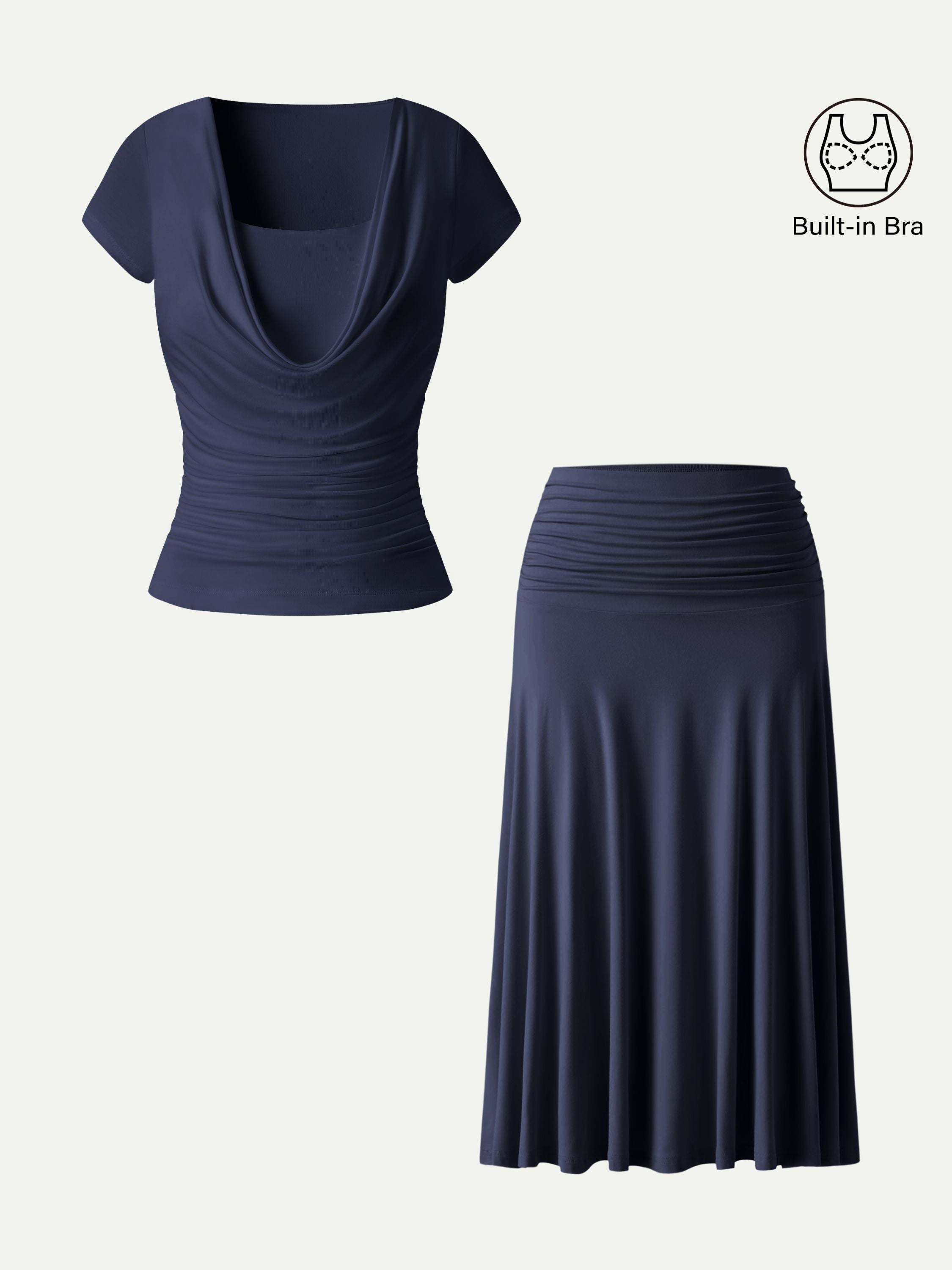 2Pcs Set Cowl Neck Ruched Bra Top & Side Ruched A-line Midi Skirt