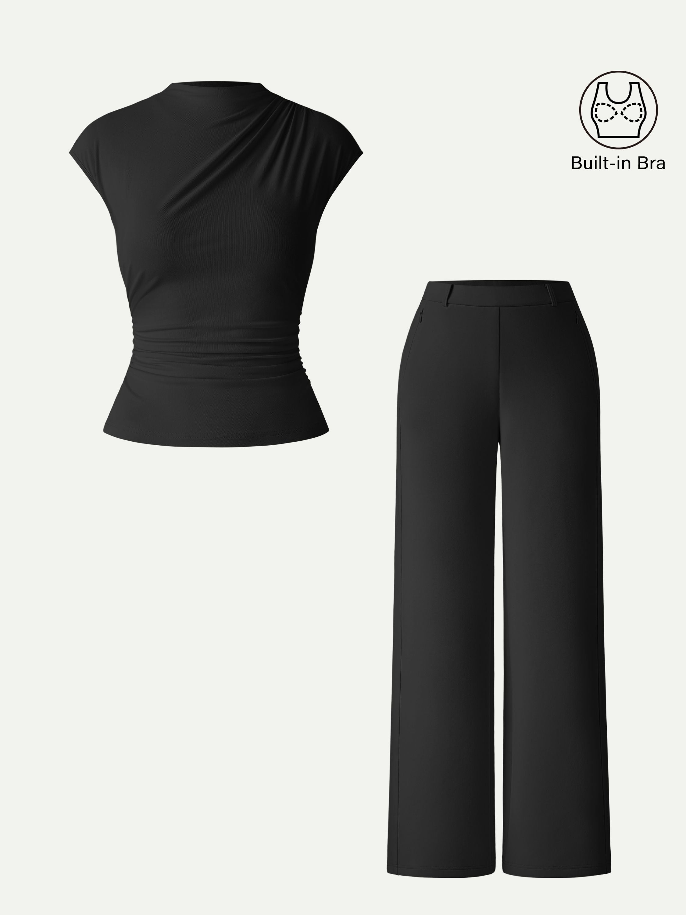 2Pcs Set Mockneck Cropped Bra Top & Slimming High Rise Wide Leg Pant