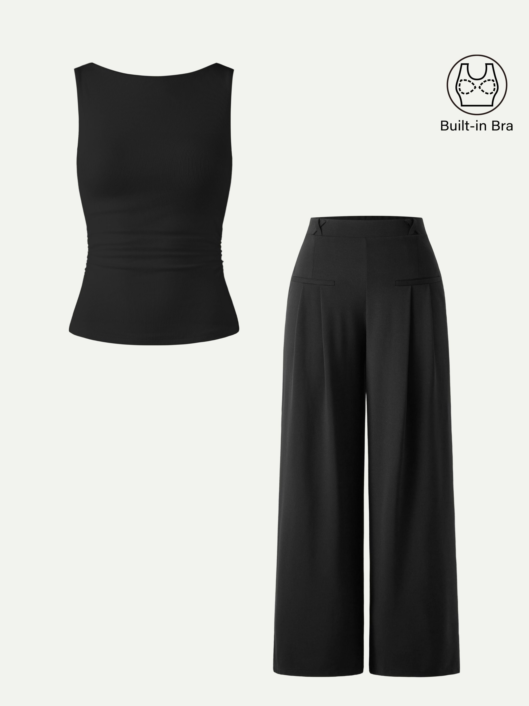 2Pcs Set Open Back Bra Tank & Mid Rise Wide Leg Trouser with Pockets