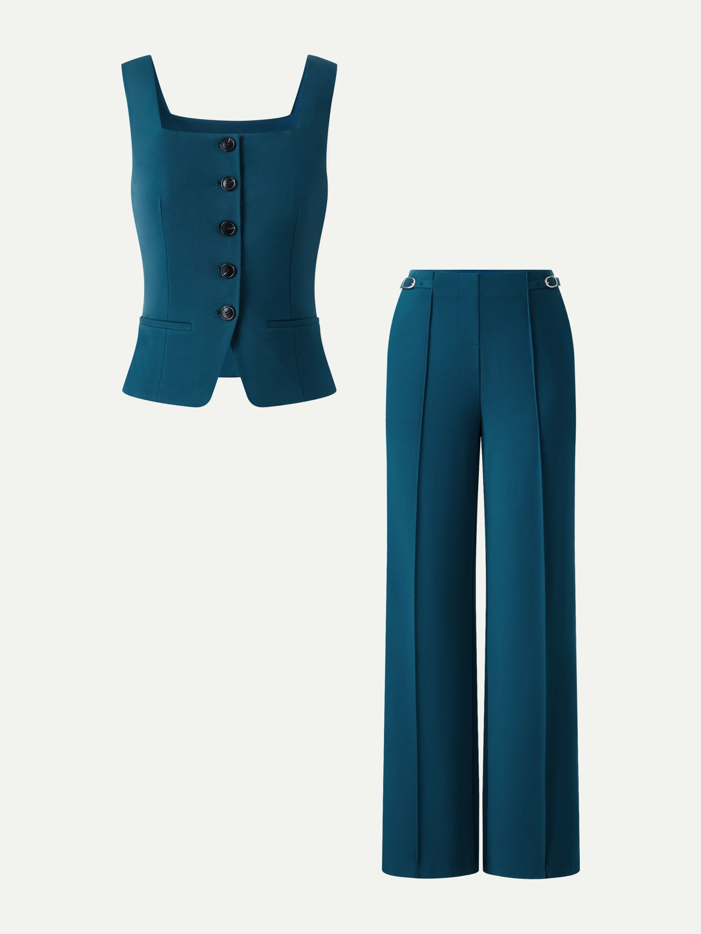 2Pcs Set Square Neck Waistcoat with Pockets & Wide Leg Ankled Pant