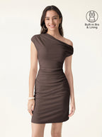 Soft Cotton Lyocell Ruched Asymmetrical Shoulder Mini Bra Dress
