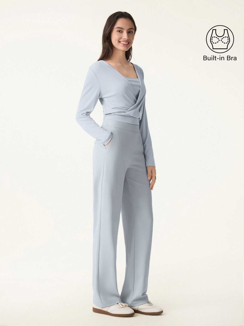 2Pcs Set Modal 2-in-1 Wrap Bra Top & Straight Leg Pull-on Travel Pant