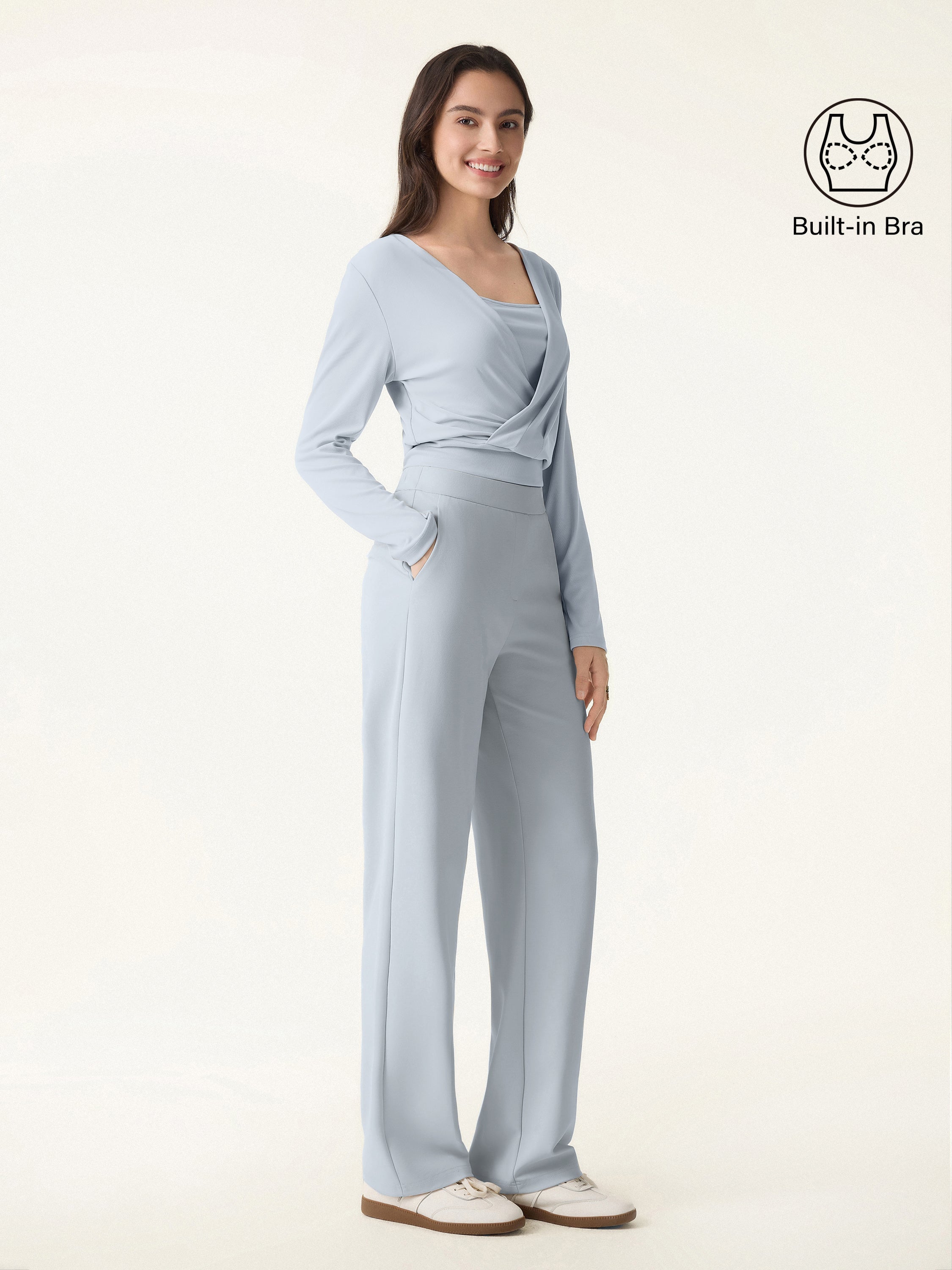 2Pcs Set Modal 2-in-1 Wrap Bra Top & Straight Leg Pull-on Travel Pant