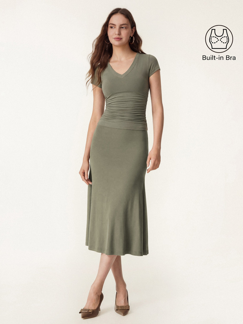 2Pcs Set V-neck Cap Sleeve Bra Tee & Pull-on Mermaid Midi Skirt