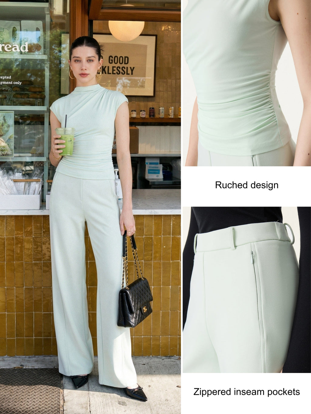 2Pcs Set Mockneck Cropped Bra Top & Slimming High Rise Wide Leg Pant