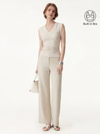 2Pcs Set V-neck Bra Top & Mid Rise Straight Pant with Pockets