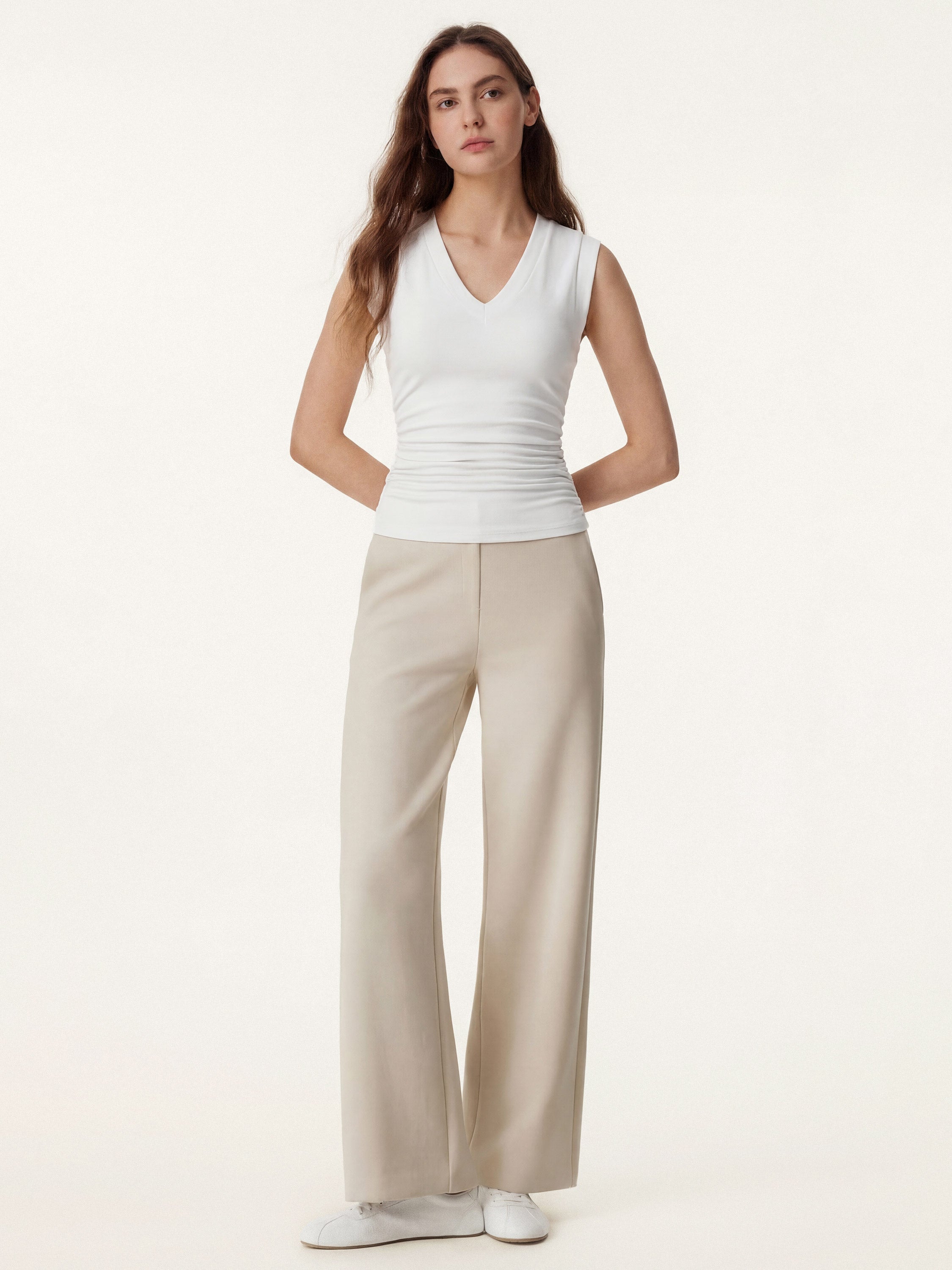 2Pcs Set V-neck Bra Top & Mid Rise Straight Pant with Pockets