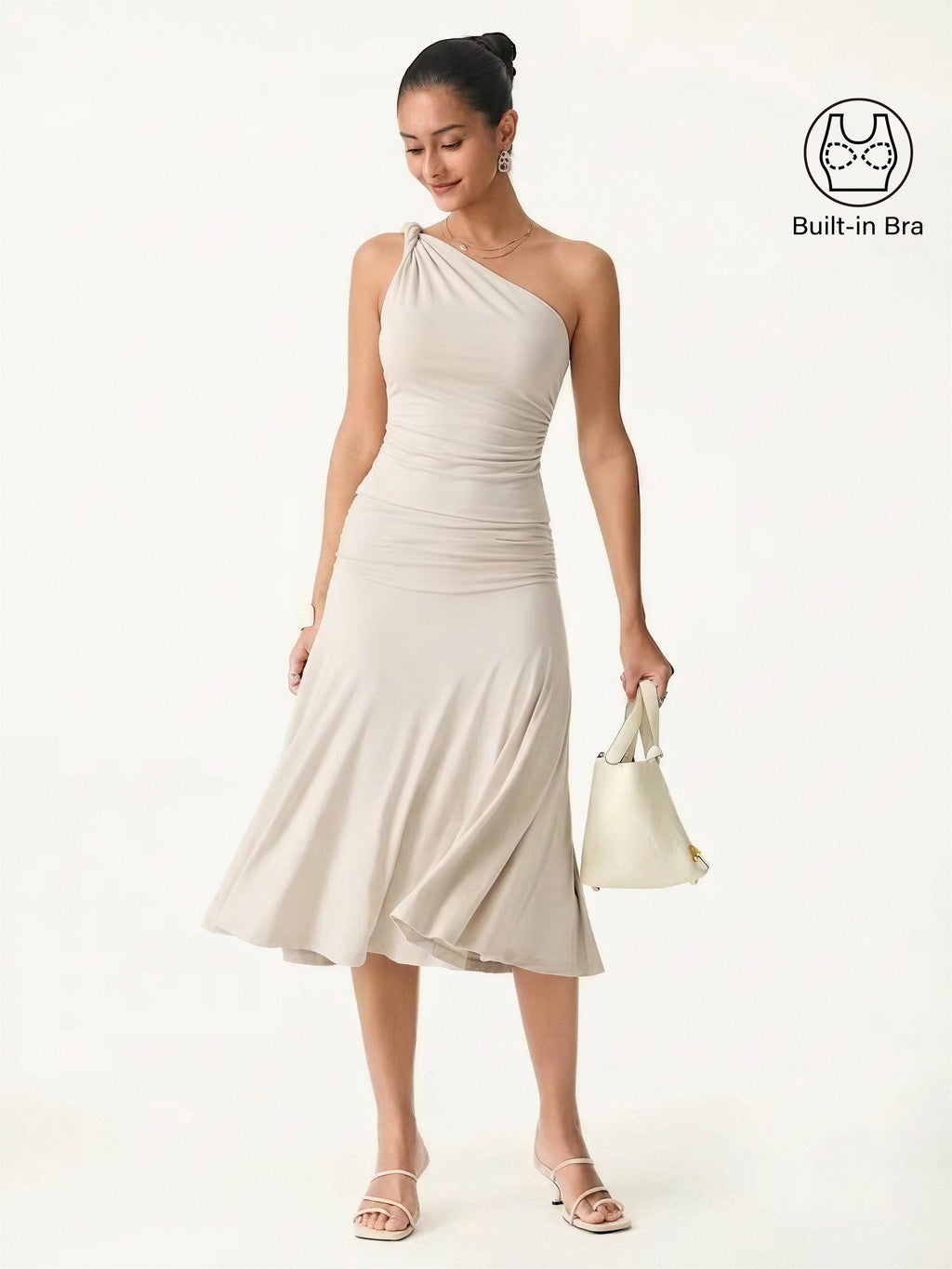 2Pcs Set One Shoulder Twisted Bra Tank & Side Ruched A-line Midi Skirt
