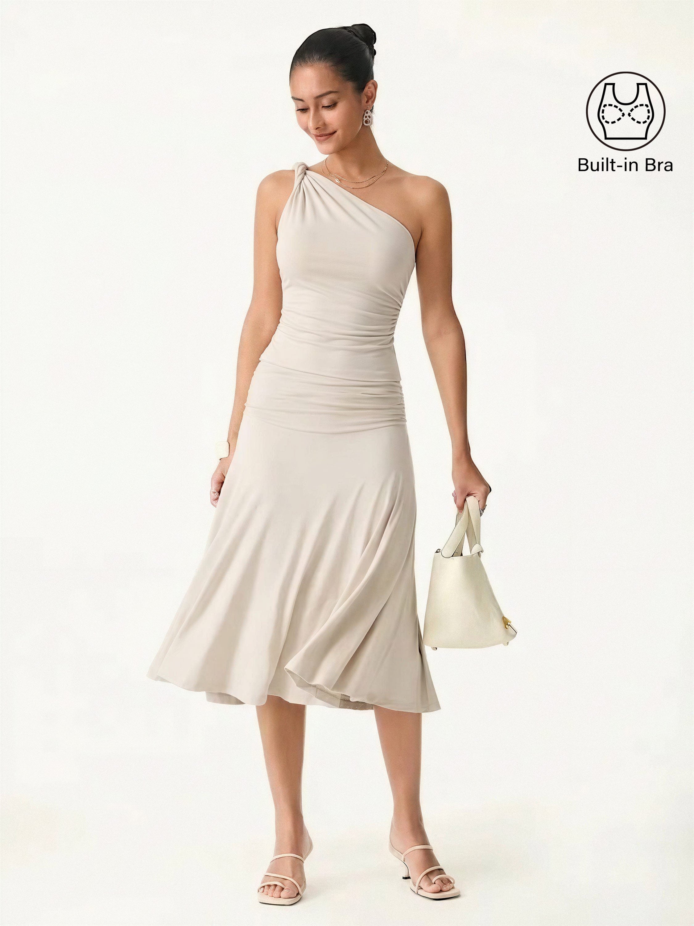 2Pcs Set One Shoulder Twisted Bra Tank & Side Ruched A-line Midi Skirt