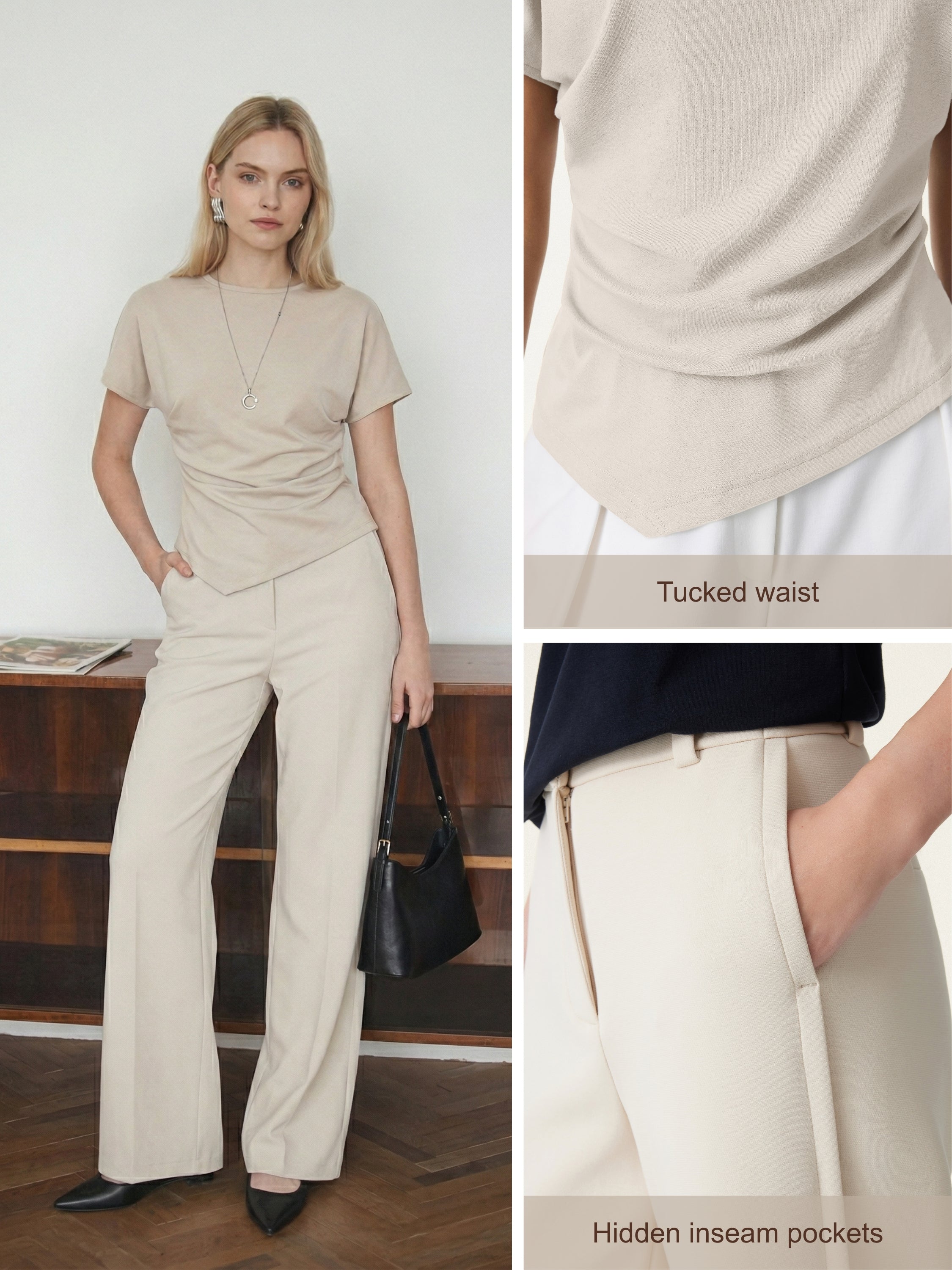 2Pcs Set Boatneck Angled Tee & Mid Rise Wide Leg Trousers