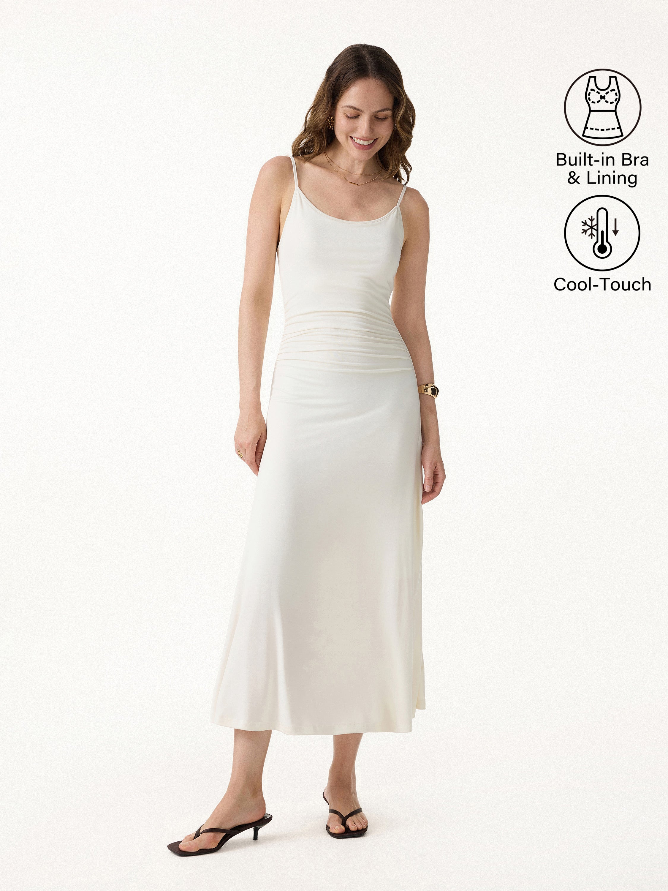 Cooling Lyocell Adjustable Spaghetti Strap Ruched Maxi Bra Dress