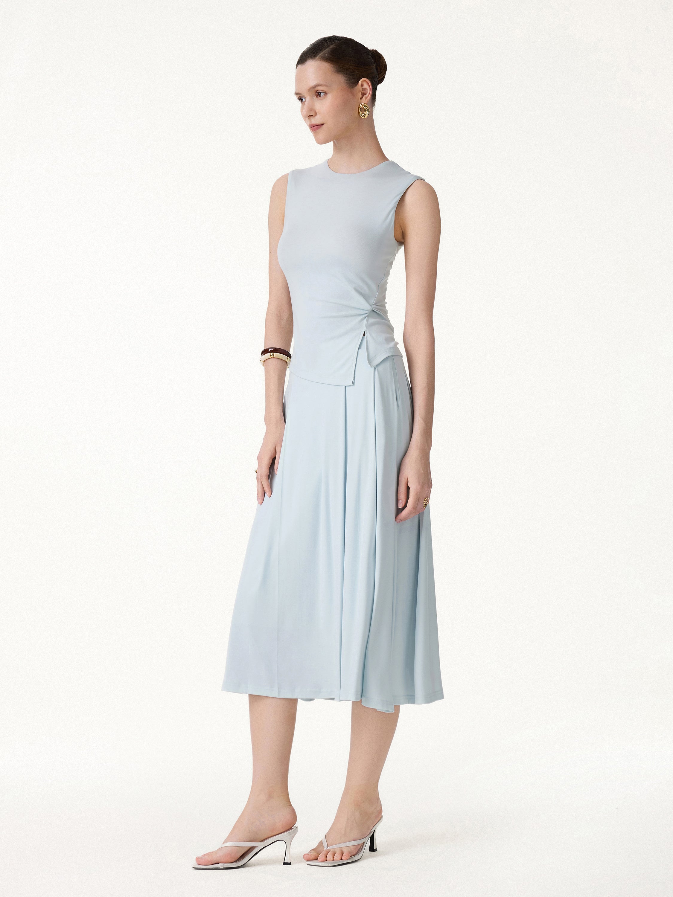 2Pcs Set Round Neck Twisted Bra Tank with Slit& Midi Skirt with Pockets