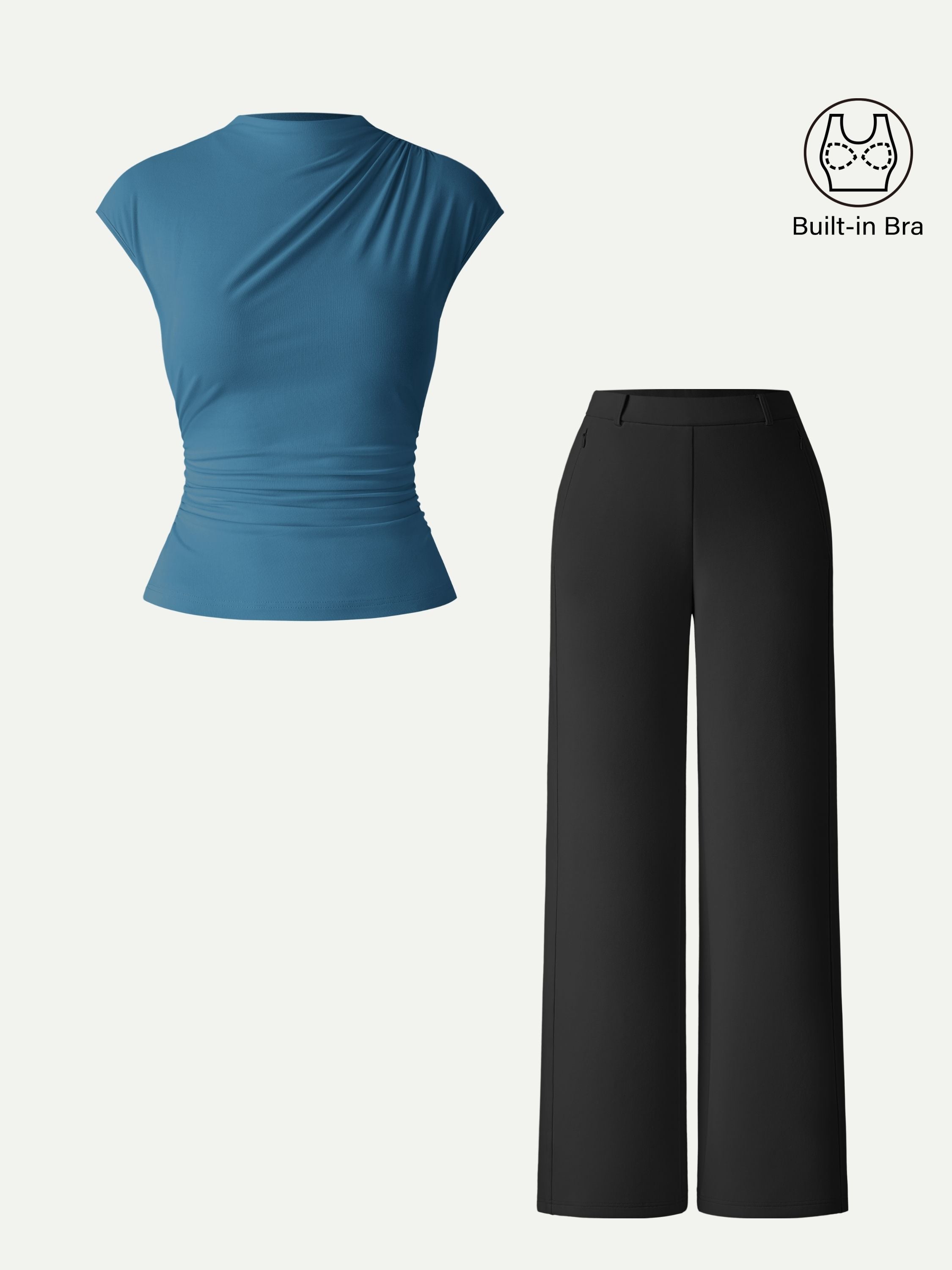 2Pcs Set Mockneck Cropped Bra Top & Slimming High Rise Wide Leg Pant