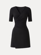 Surplice Ruched Fit-and-Flare Mini Dress