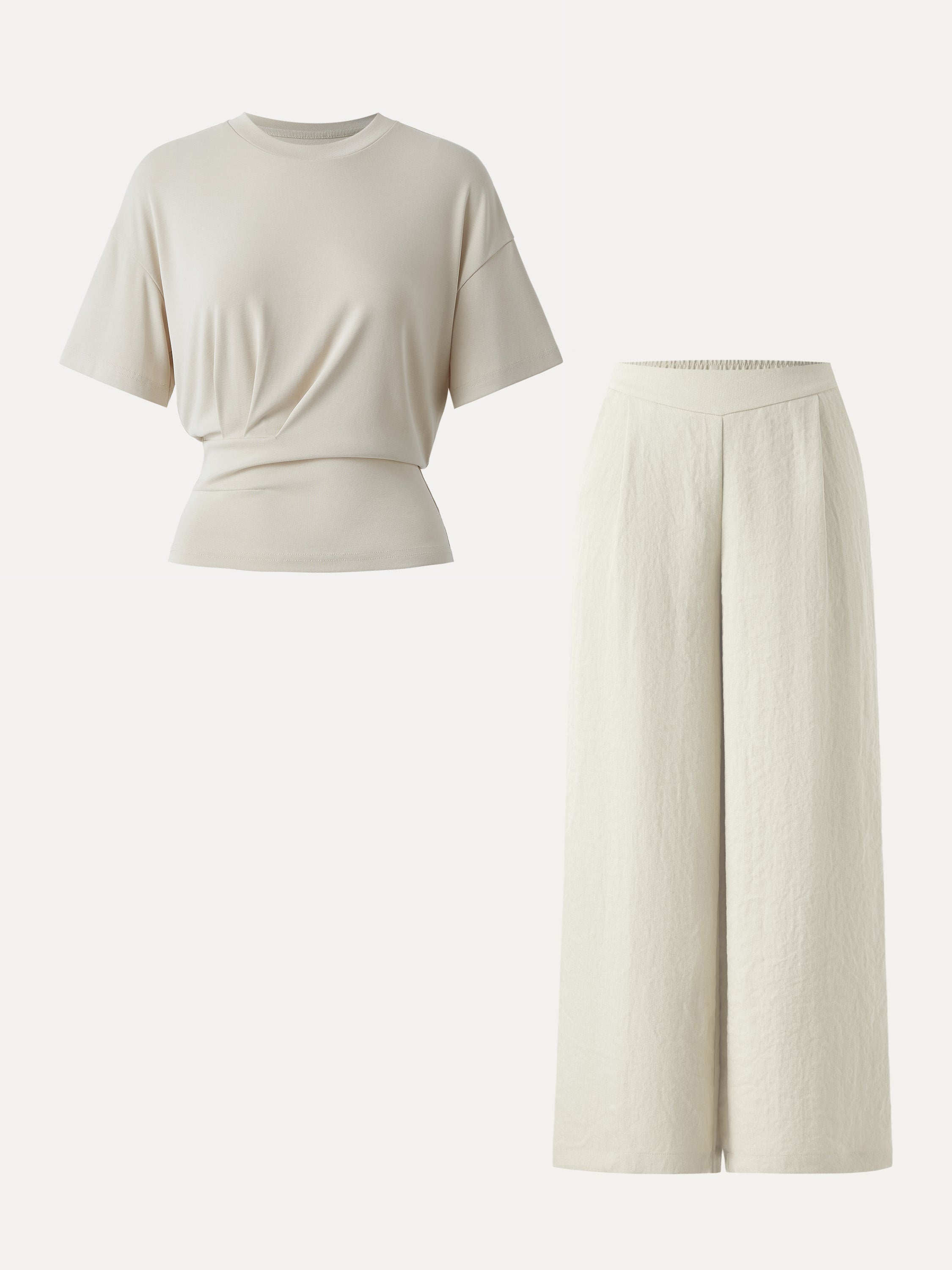2Pcs Set Crewneck Tee & Mid Rise Wide Leg Pant with Pockets