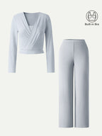 2Pcs Set Modal 2-in-1 Wrap Bra Top & Straight Leg Pull-on Travel Pant