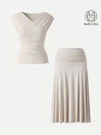 2Pcs Set Surplice V-Neck Bra Top & Side Ruched A-line Midi Skirt
