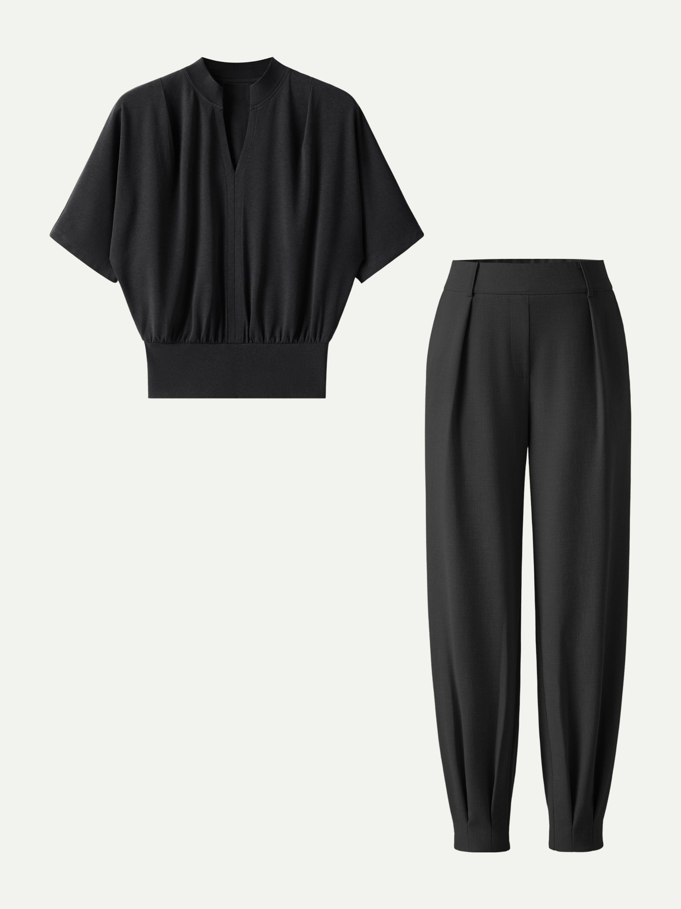 2Pcs Set Stand Collar V-Neck Top & Wrinkle-Resistant Tapered Pant