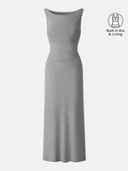 Matte Smooth Boatneck Ruched Midi Bra Dress