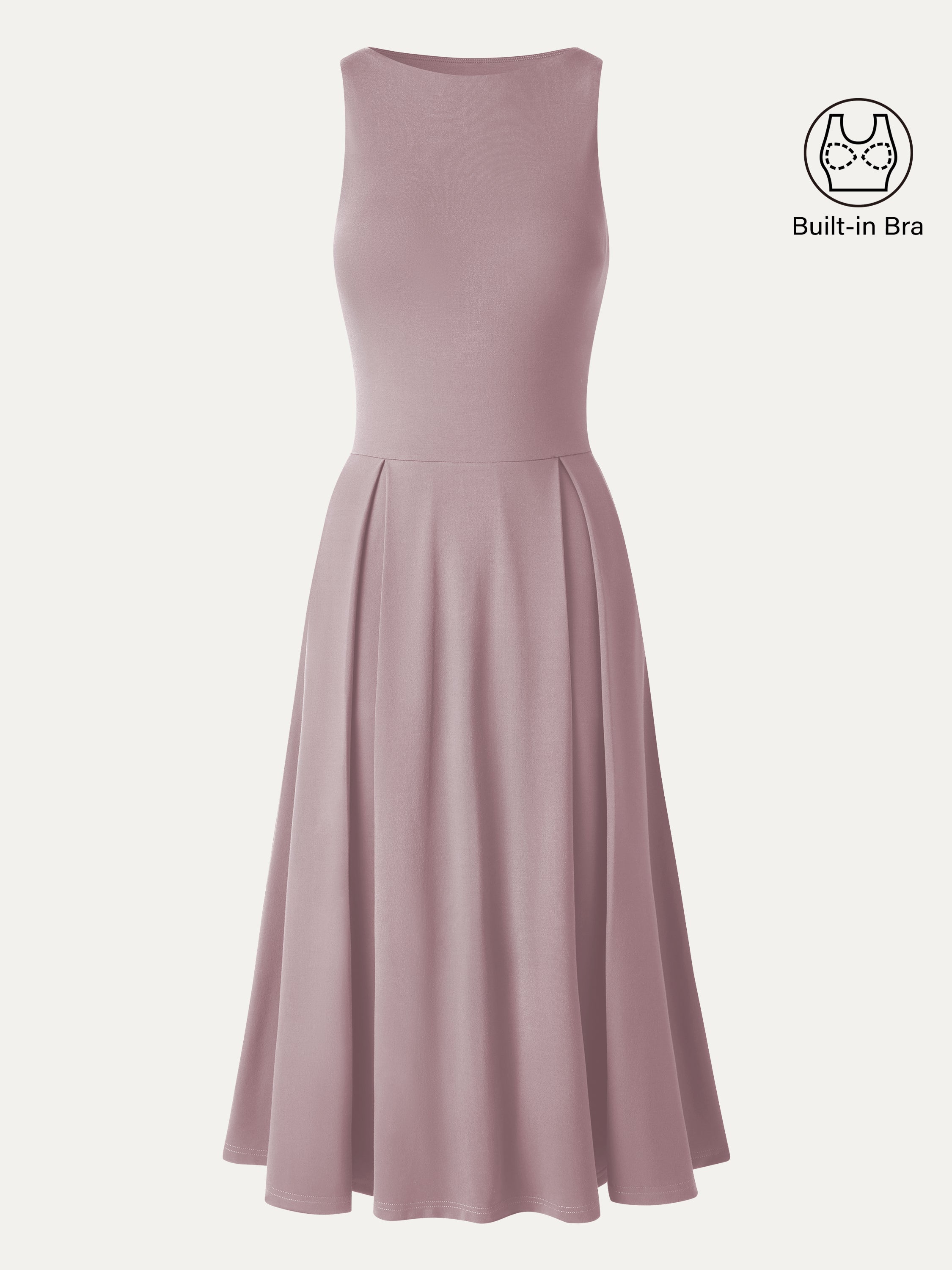 Boatneck Pleated Fit-and-Flare Midi Bra Dress with Pockets