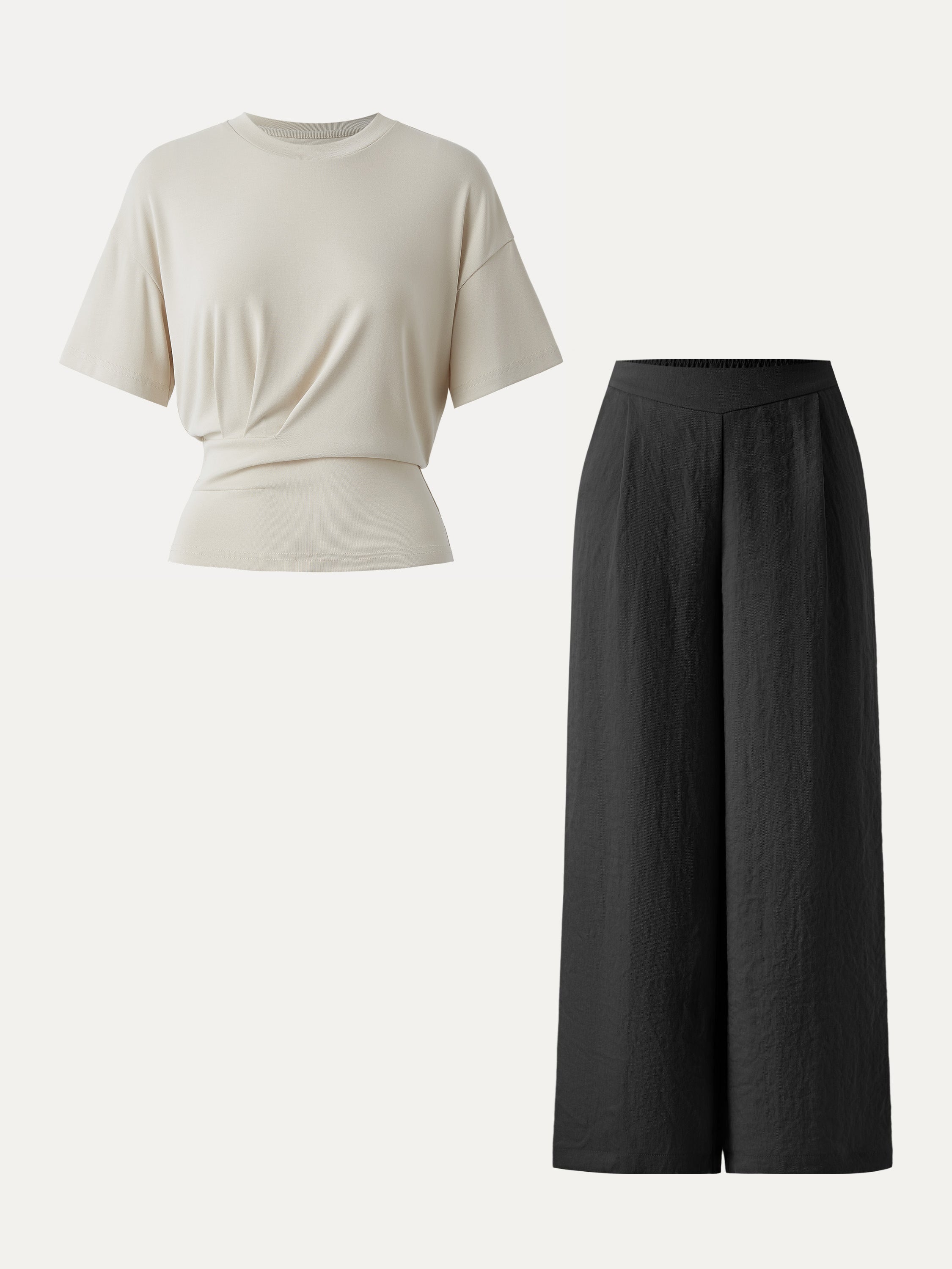2Pcs Set Crewneck Tee & Mid Rise Wide Leg Pant with Pockets
