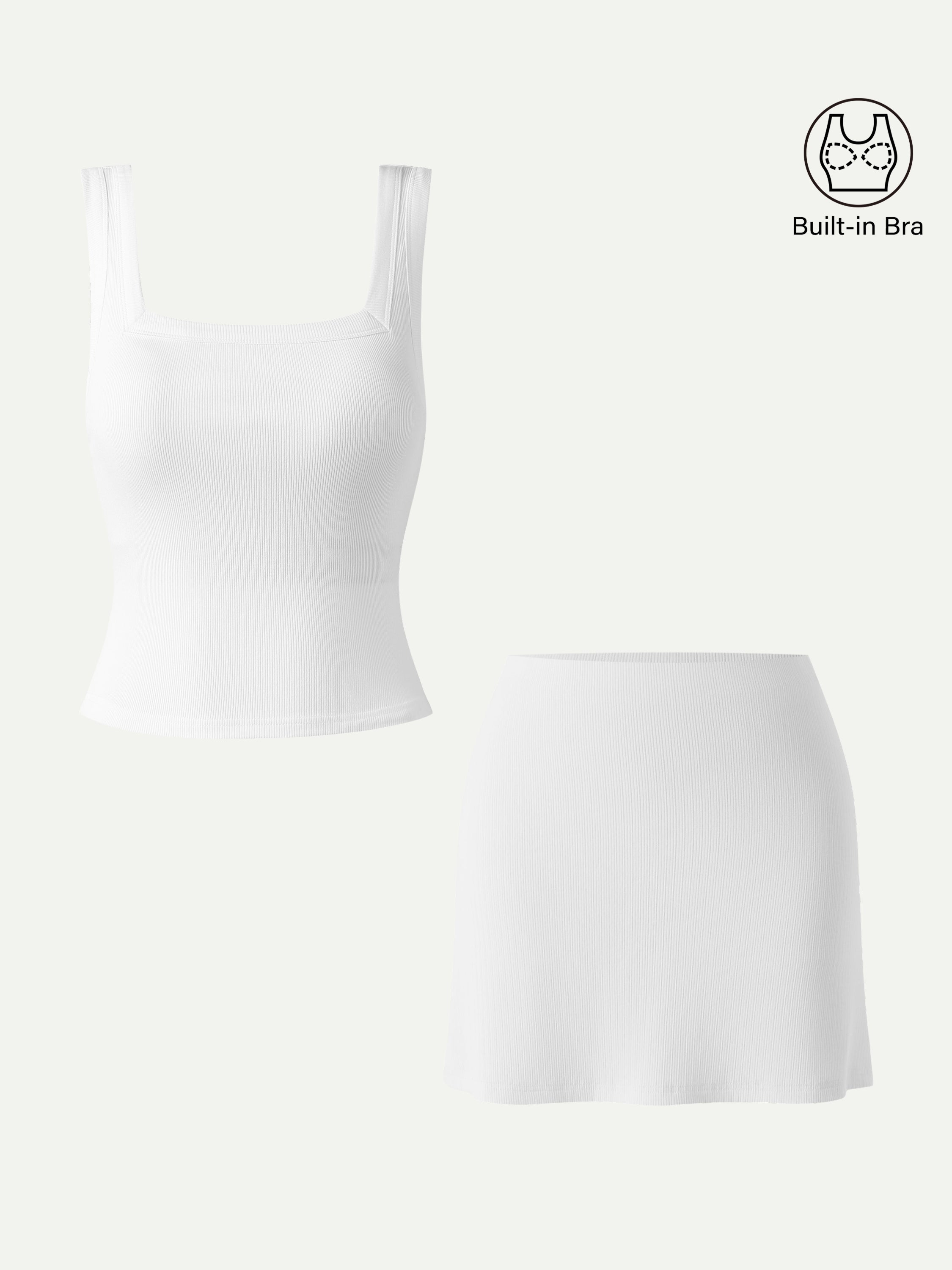 2Pcs Set Square Open-Back Bra Tank & A-line Mini Skirt with Built-in Shorts