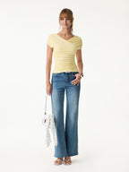 2Pcs Set Surplice V-Neck Bra Top & Side Ruched A-line Midi Skirt