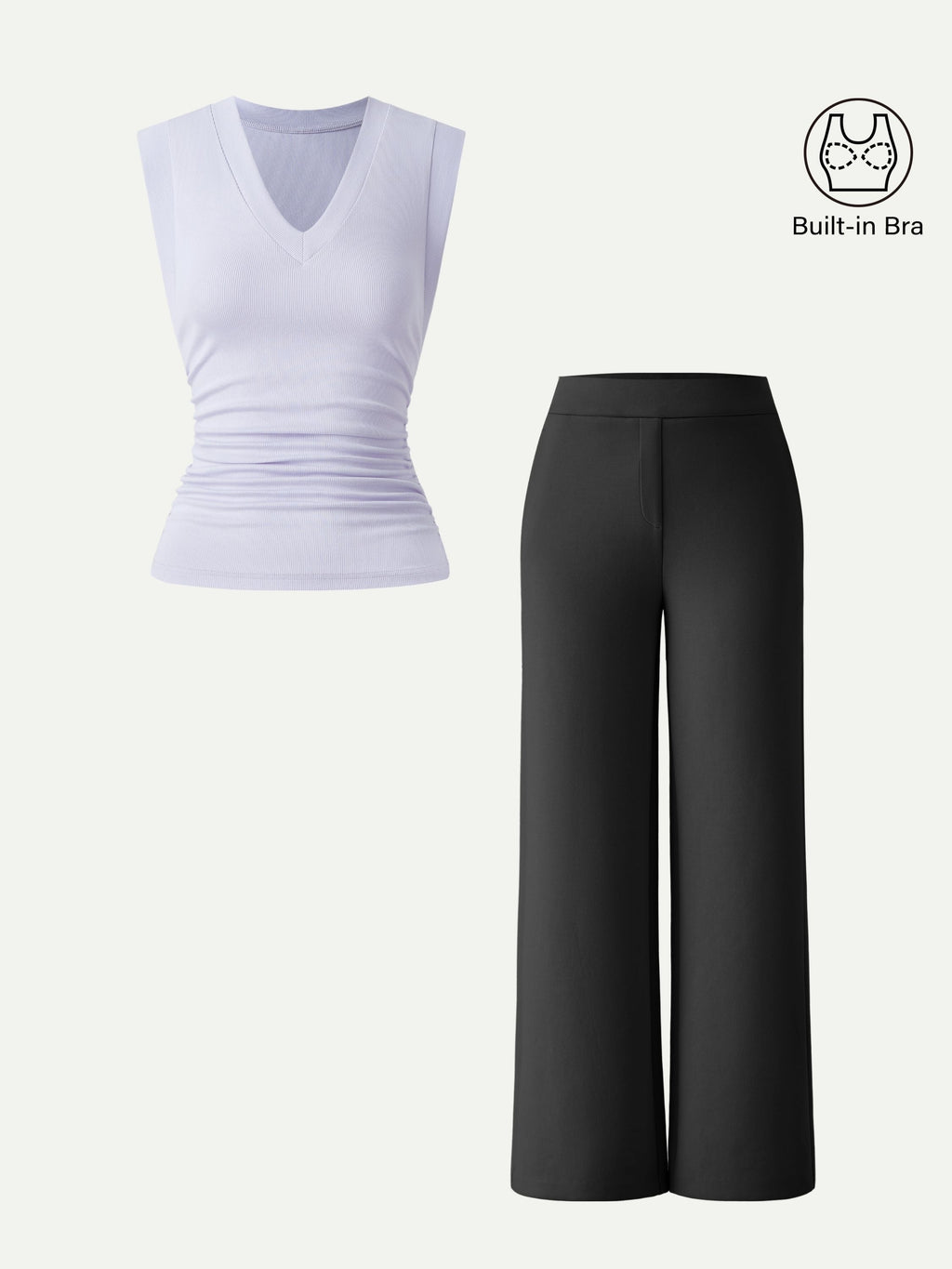 2Pcs Set V-neck Bra Top & Mid Rise Straight Pant with Pockets
