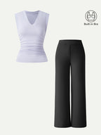 2Pcs Set V-neck Bra Top & Mid Rise Straight Pant with Pockets